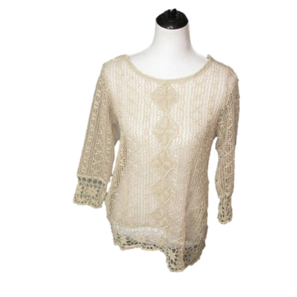 SORRENTO Tan Crochet Transparent Top Size Medium
